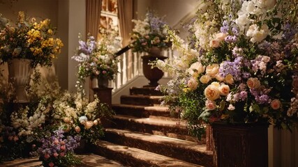 Medium scene showing the stepbystep design of rustic floral arrangements enhancing a romantic wedding venue atmosphere.