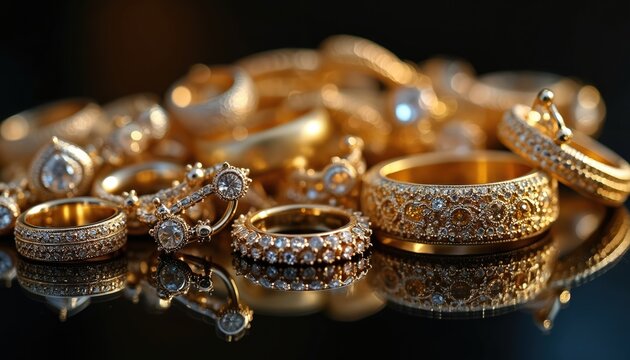 Close up photo of gold rings with diamonds. Luxury jewelry on black surface reflects light. Expensive accessories for sale. Gems shine brightly. Wedding or engagement rings displayed.