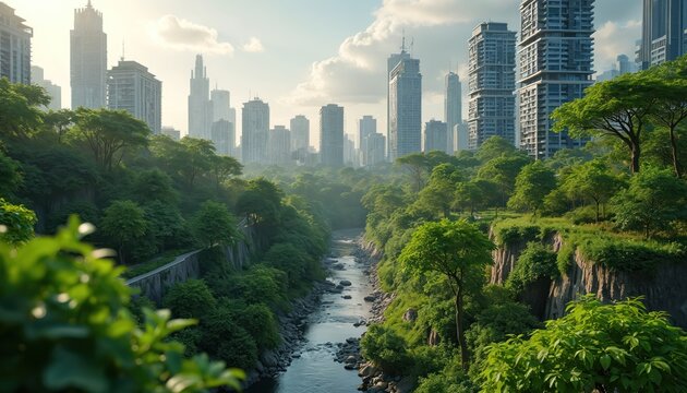 Modern city skyline with tall buildings borders rich green river valley. Winding path follows rocky river banks. Eco-friendly urban landscape shows nature integration. Trees, water enhance metropolis