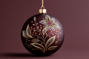 Decorative Christmas ornament with floral design on maroon background  