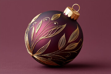 Decorative Christmas ornament with gold leaf design on maroon background  