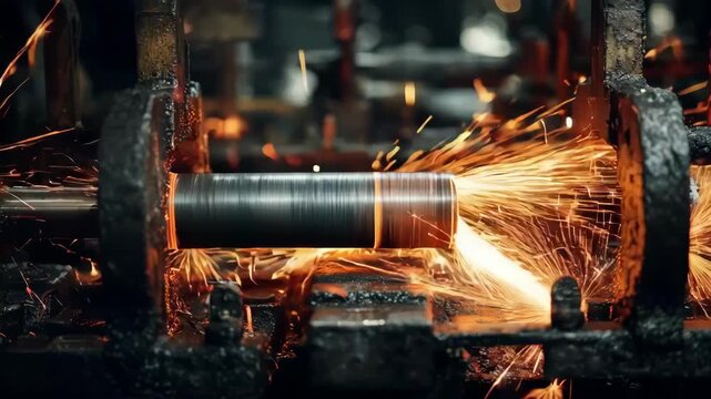 Dynamic medium shot capturing rapid roll forging process with sparks flying as the billet is quickly lengthened under powerful machinery in a bustling factory environment.