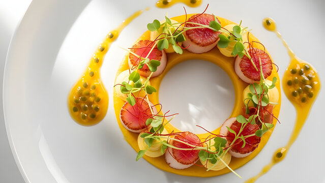 A sophisticated plating image appealing to upscale restaurants, food magazines, and gourmet advertising.