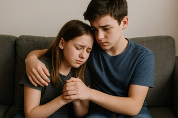 Teen brother providing emotional support, hugging his sad sister with concerns expression. Empathy and understanding between family members