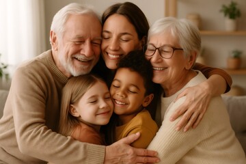 Multi ethnic family sharing a warm, multi generational group hug, smiling and connected in a cozy indoor moment of love and joy