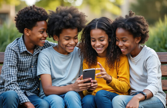 Four diverse teenagers share smartphone sitting on bench together. Students laugh and smile while watching screen. Group enjoys friendship at school yard. Happy teens have fun together. - Powered by Adobe