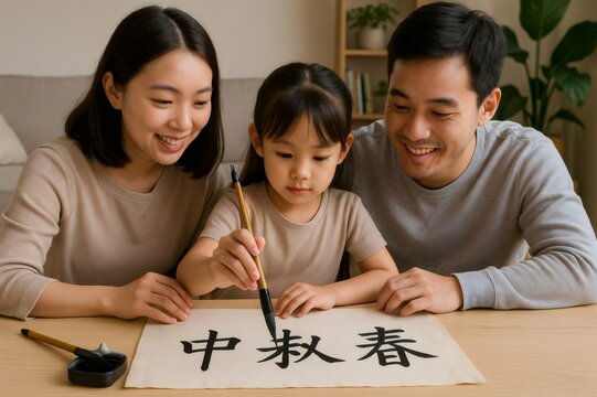 Parents guiding their young daughter while she learns traditional Chinese calligraphy, fostering cultural education and family bonding