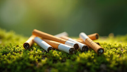 Discarded cigarette butts lay on a bed of green moss in sunlight. The hazardous waste pollutes nature, representing environmental damage and smoking unhealthy impact.
