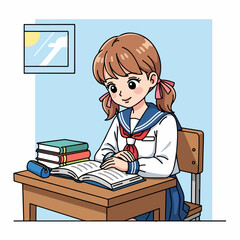 A Young Student Deeply Engrossed in Reading a Book at Her Desk