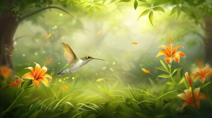 Fototapeta premium Hummingbird Flying Near Orange Lilies in Bright Green Forest Scene