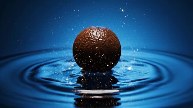 Sphere dropping into liquid creating ripples on blue surface
