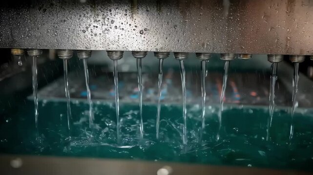 Medium shot showcasing detailed view of electrodes and aluminum sheets immersed in electrolytic baths during a refining cycle emphasizing the chemical purification reaction