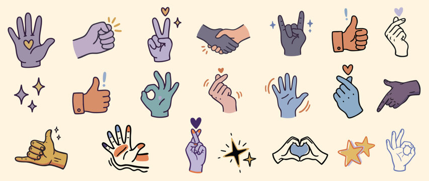 Playful doodle style pastel vector set of diverse hand gestures with hearts, sparkles, shaka and finger heart signs arranged in two horizontal rows on beige background