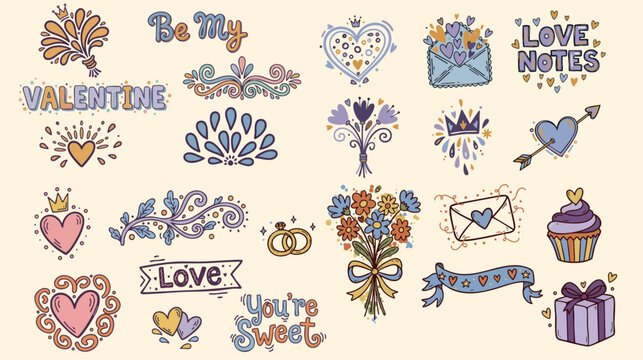 Whimsical doodle flat sticker sheet showing hand drawn hearts envelopes bouquet cupcake rings ribbon banner playful scattered in pastel lavender peach mustard with soft warm lighting