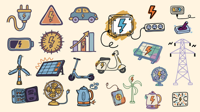 Playful hand drawn energy doodle icons showing solar panels, wind turbines, scooters, electric car, power lines and household appliances vector in pastel colors on light background