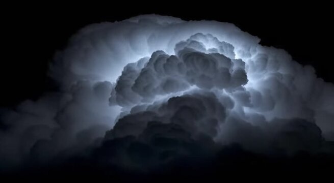Dark cloud fills the upper frame with deep gray and blue tones. Core lightning blends blue and white with jagged bolts and inner glow, static camera. Noisy texture of a thundercloud