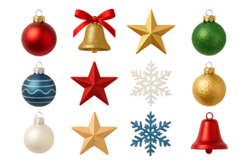 Png set of christmas ornaments with stars, bells, and snowflakes isolated on transparent background. concept of holiday decor, festive decorations, winter celebration elements
