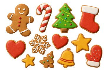 Naklejka premium Png set of christmas gingerbread cookies with festive shapes isolated on transparent background. concept of holiday decor, seasonal treats, festive baking elements.