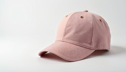 Fototapeta premium Simple pink baseball cap is isolated on clean white background. This headwear apparel item is perfect for casual fashion, sports, or sun protection. Plain accessory offers versatile style and comfort.