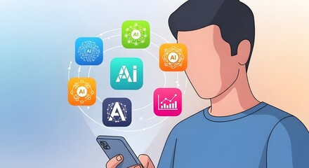 A person is shown holding and looking at a smartphone, while an array of brightly colored icons representing Artificial Intelligence (AI) and data analysis applications float in the air.