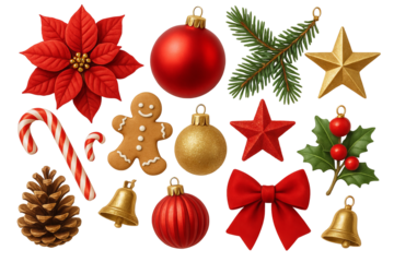 Png set of christmas decorations with ornaments, pine cones, and holly isolated on transparent background. concept of festive decor, holiday celebration, winter elements.