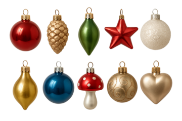Png set of colorful christmas ornaments including balls, stars, and pinecones on transparent background. concept of holiday decor, festive decoration, winter celebration design.