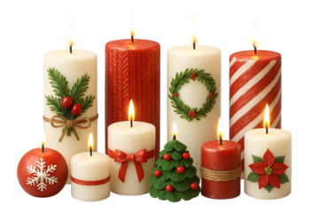 Png set of decorative christmas candles with festive ornaments isolated on transparent background. concept of holiday decor, winter celebration, christmas decoration elements
