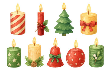Png set of watercolor christmas candles with festive decorations isolated on transparent background. concept of holiday decor, winter celebration, cozy festive elements
