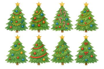 Png set of watercolor christmas trees with ornaments, candy canes, and stars isolated on transparent background. concept of holiday decor, festive illustration, winter celebration design