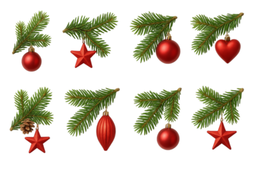 Png set of christmas tree branches and decorations with red ornaments isolated on transparent background. concept of festive holiday decor, seasonal elements, winter celebration design