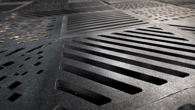 Closeup on urbanstyle sheet metal art panels with bold geometric stamps perfect for contemporary architectural installations and modern decorative features.