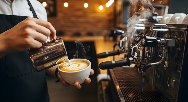 ​A close-up shot of a barista wearing a dark apron pouring steamed milk from a stainless steel pitcher into a white cup, creating latte art on the surface of the coffee. 