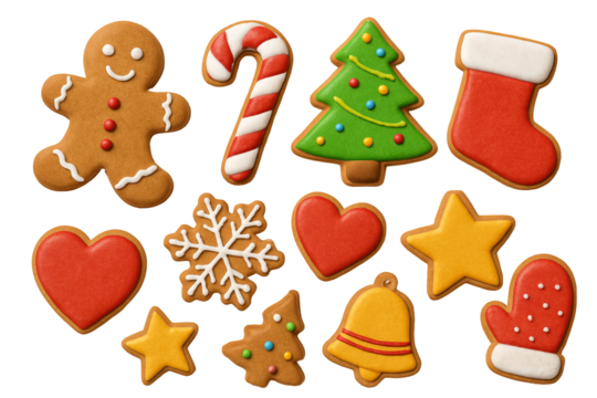 Png set of christmas gingerbread cookies with festive shapes isolated on transparent background. concept of holiday decor, seasonal treats, festive baking elements.