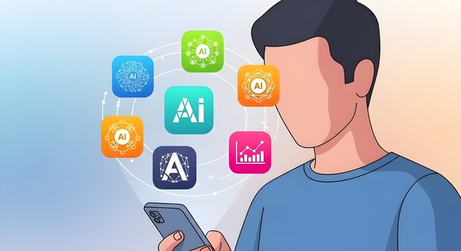 A person is shown holding and looking at a smartphone, while an array of brightly colored icons representing Artificial Intelligence (AI) and data analysis applications float in the air.
