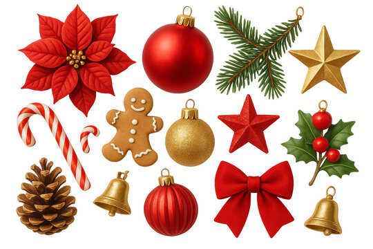 Png set of christmas decorations with ornaments, pine cones, and holly isolated on transparent background. concept of festive decor, holiday celebration, winter elements. - Powered by Adobe