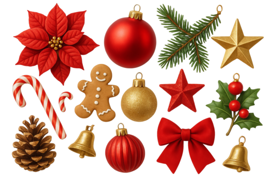 Png set of christmas decorations with ornaments, pine cones, and holly isolated on transparent background. concept of festive decor, holiday celebration, winter elements.