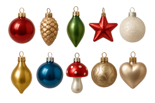 Png set of colorful christmas ornaments including balls, stars, and pinecones on transparent background. concept of holiday decor, festive decoration, winter celebration design.