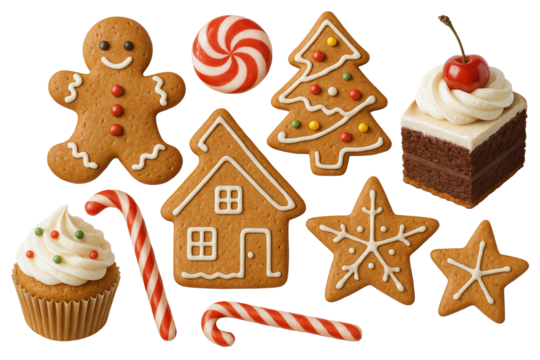 Png set of christmas gingerbread cookies with candy canes and cupcakes isolated on transparent background. concept of holiday baking, festive treats, winter desserts.