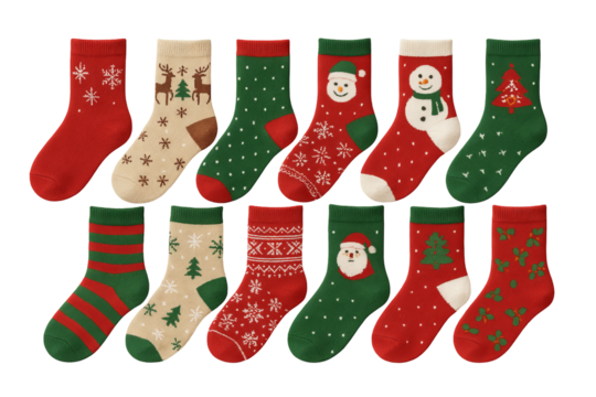 Png set of colorful christmas socks with festive designs isolated on transparent background. concept of holiday decor, festive fashion, winter celebration accessories.