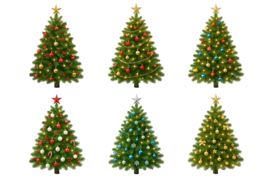 Png set of christmas trees with colorful ornaments isolated on transparent background. concept of festive holiday decor, winter celebration, christmas decoration collection.