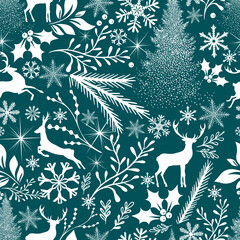 Seamless Christmas background with snowflakes, branches and deer. Not AI. Vector illustration