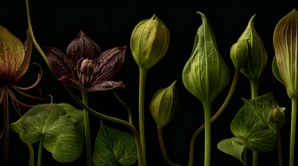 Petal veins and bud texture evoke clarity, ritual, and editorial depth in botanical storytelling. Leaf shimmer and dark contrast highlight morphology, rhythm, and visual structure.