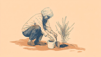 Illustrated figure kneels to plant a small tree using a shovel beside a white bucket. Beige background and sketch-like style evoke care, sustainability, and peaceful outdoor action.