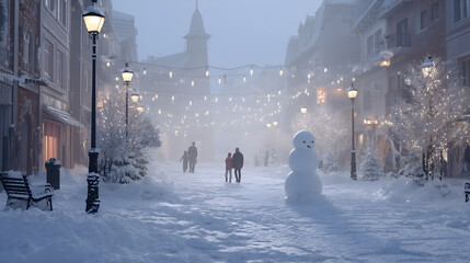 Snow-covered street with snowman, string lights, and warmly dressed figures. Misty air and glowing lamps evoke seasonal charm, community, and winter celebration.