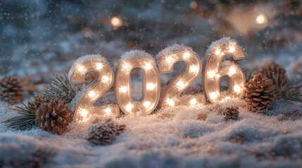 Glowing “2026” surrounded by snow-covered pinecones and evergreens. Falling snow and warm light evoke celebration, seasonal charm, and editorial holiday clarity.