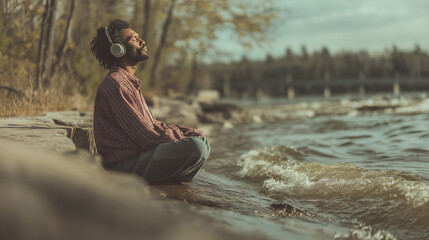 Seated figure in red plaid shirt meditates by water. Gentle waves, forest backdrop, and warm light evoke mindfulness, nature connection, and peaceful solitude.