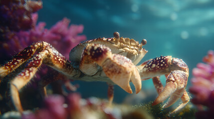 Close-up of crab with textured shell and claws in coral reef. Sunlight and vibrant colors evoke marine biodiversity, serenity, and editorial ocean clarity.
