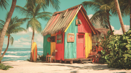 Bright beach hut with palm roof, surfboard, and tropical foliage. Vivid tones and relaxed styling evoke clarity, escape, and editorial depth in coastal lifestyle storytelling.