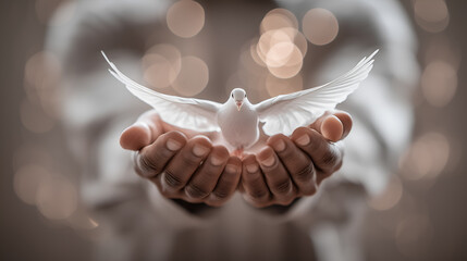 Lifted dove and gentle hands evoke clarity, ritual, and editorial depth in symbolic storytelling. Themes of peace, purity, and release radiate through light and gesture.