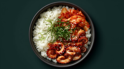 Glossy tentacles and fermented kimchi evoke clarity, ritual, and editorial depth in Korean culinary storytelling. Sesame seeds and scallions add texture and visual spice.